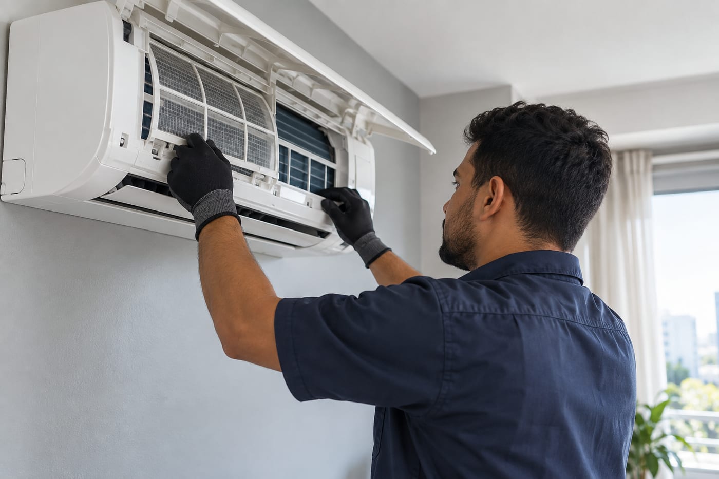 Técnico inspecionando um aparelho de ar-condicionado split em ambiente residencial